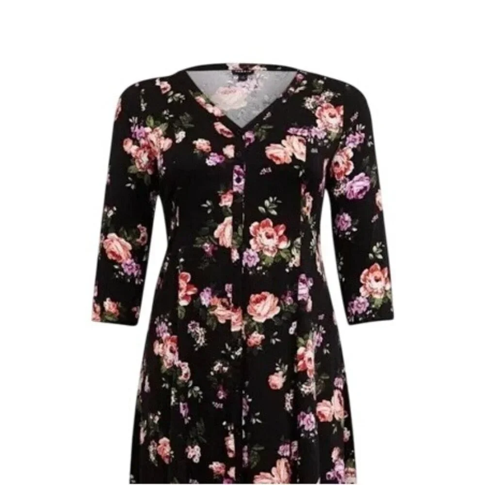 Torrid Black Floral Challis Button Down Trapeze Midi Dress - Picture 5 of 15